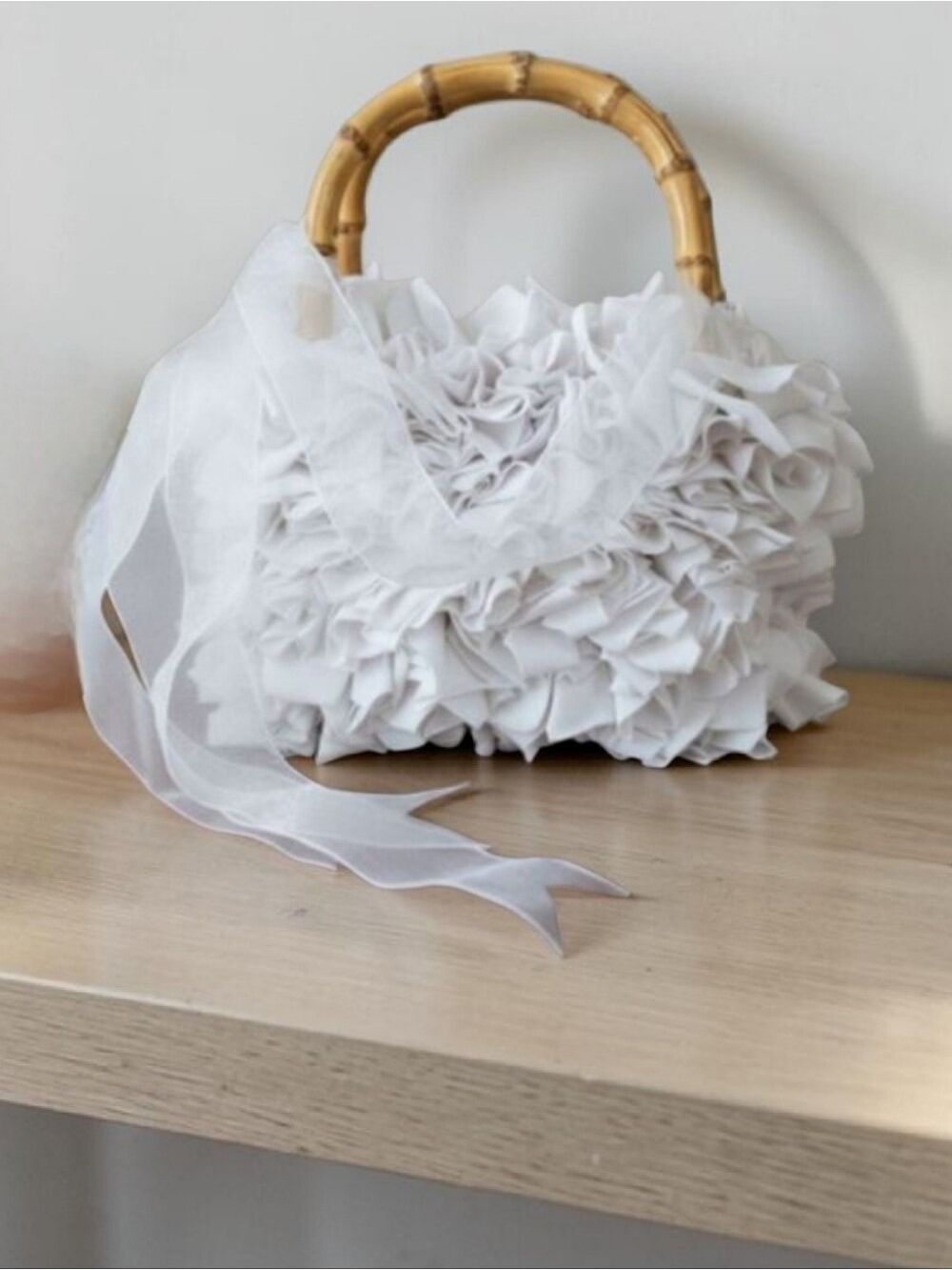Braciano White Ruffle Bamboo Handle Bag - Picture 2 of 6